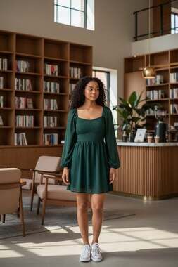 Altar'd State Dark Green Swiss Dot Long Sleeve Square Neck Mini Dress, Size Medi